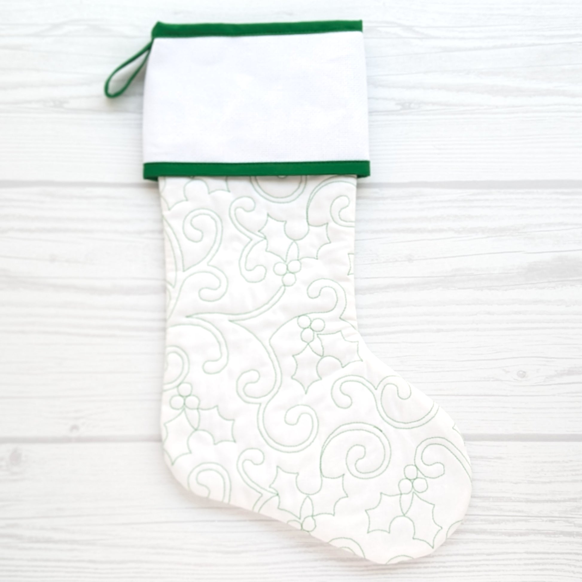 Green or White Christmas stocking with blank cross stitch cuff