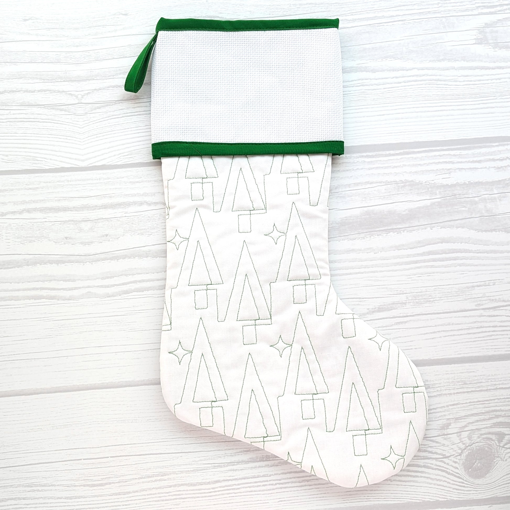 Green or White Christmas stocking with blank cross stitch cuff