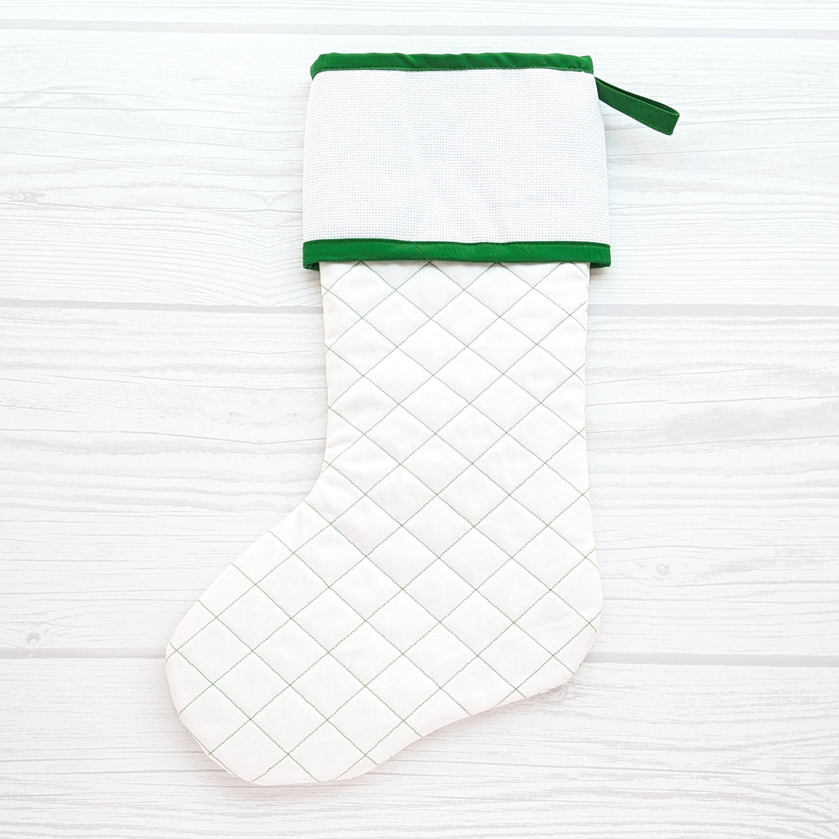 Green or White Christmas stocking with blank cross stitch cuff