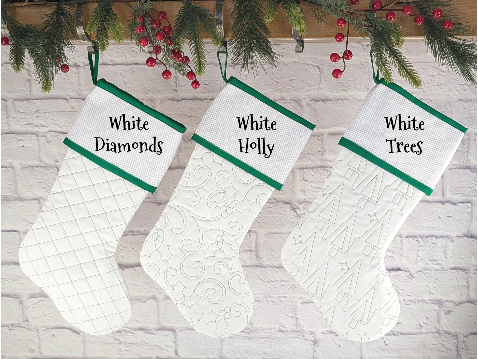 Green or White Christmas stocking with blank cross stitch cuff