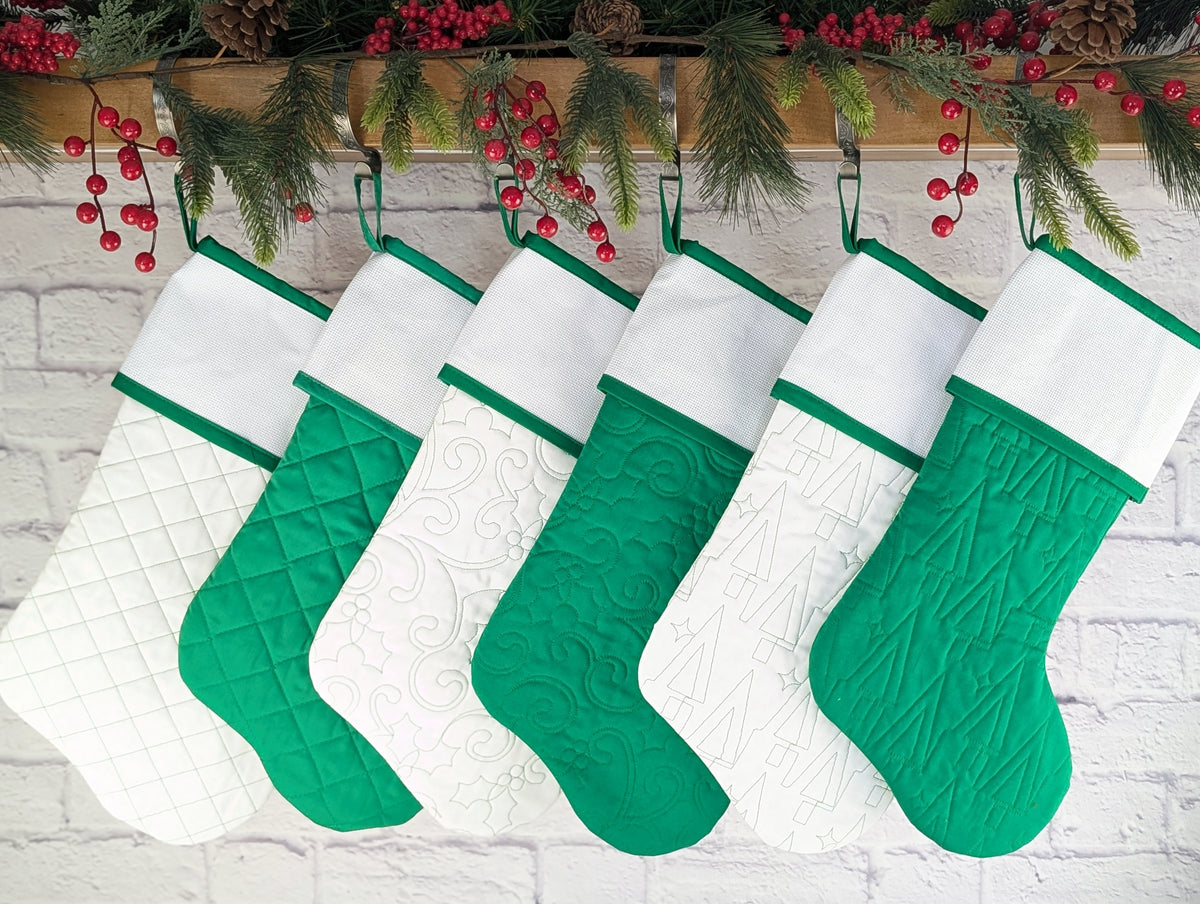 Green or White Christmas stocking with blank cross stitch cuff