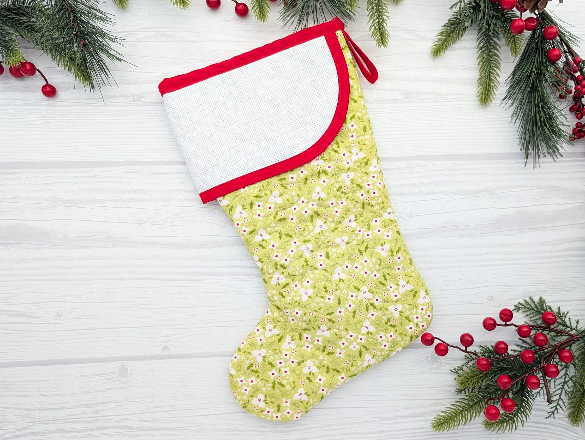 lime green tiny florals quilted Christmas stocking with blank cross-stitchable Aida Cuff