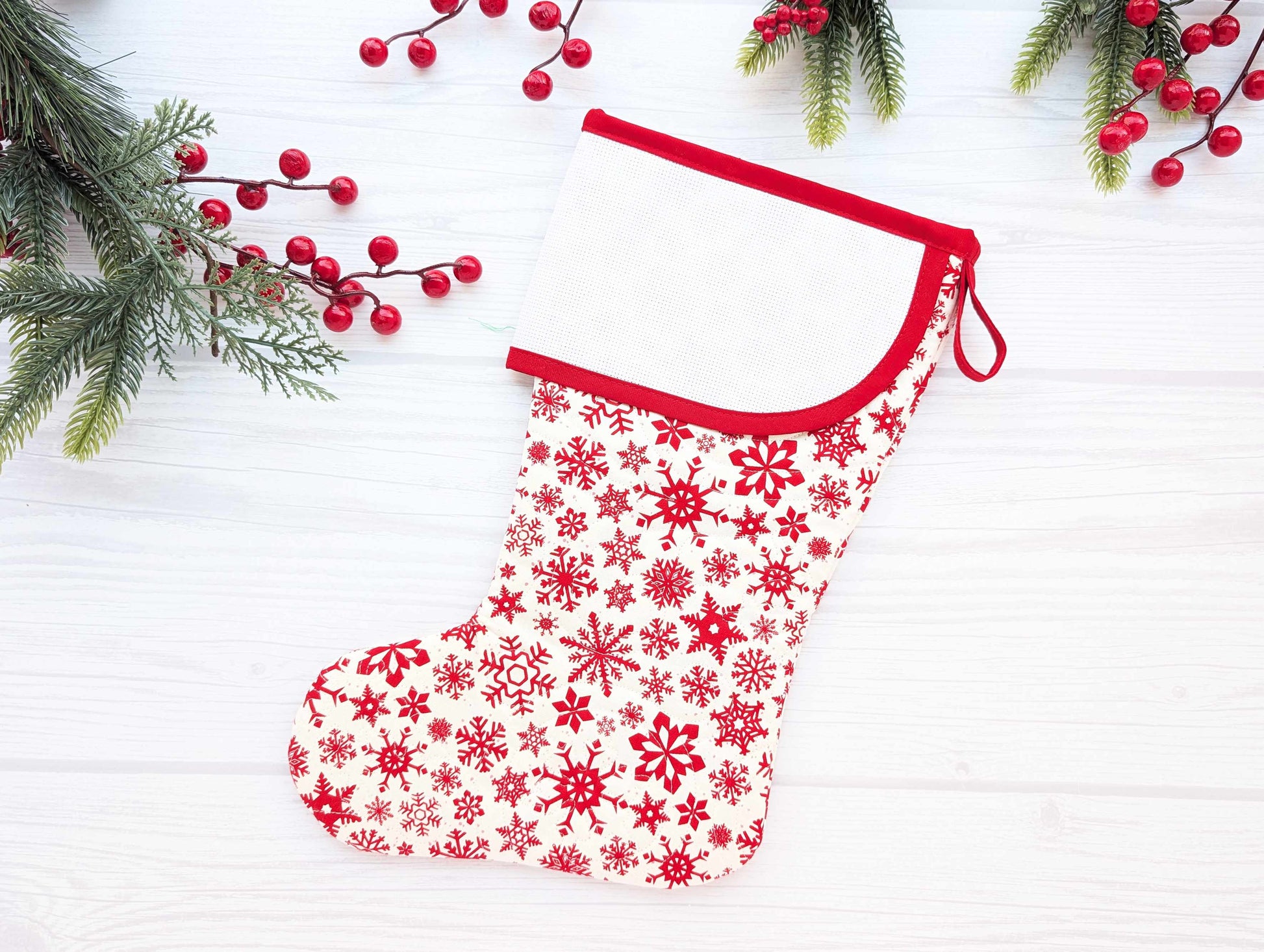 red and white snowflakes quilted christmas stocking with blank cross stitch aida cuff