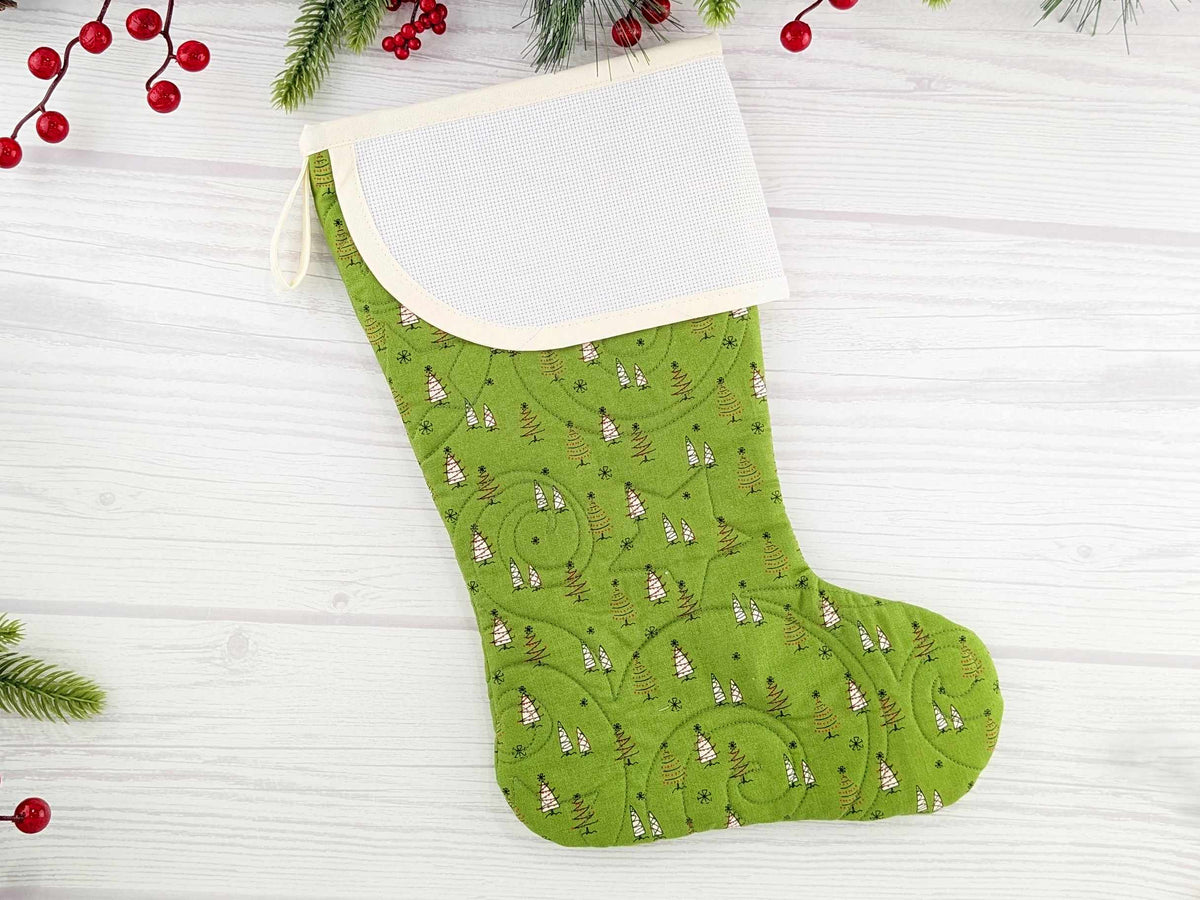 Blank Green Trees Christmas Stocking with Cross Stitchable Cuff - Curved Style