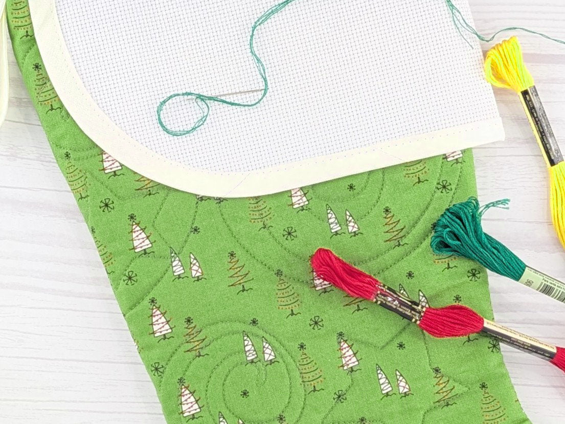Blank Green Trees Christmas Stocking with Cross Stitchable Cuff - Curved Style