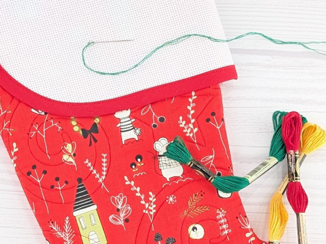Blank Red Mouse Bunny Mix Christmas Stocking with Cross Stitchable Cuff - Curved Style