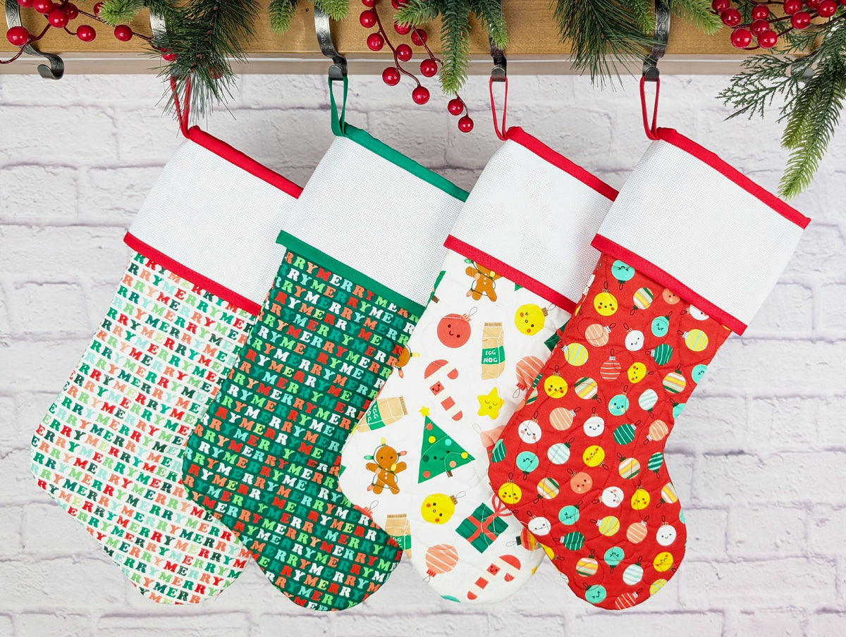 quilted Christmas stocking with blank cross stitch Aida cuff