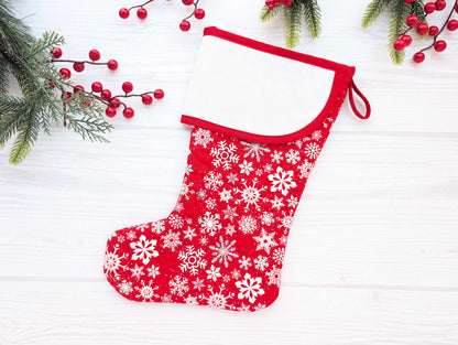 red snowflakes quilted christmas stocking with blank cross stitch aida cuff
