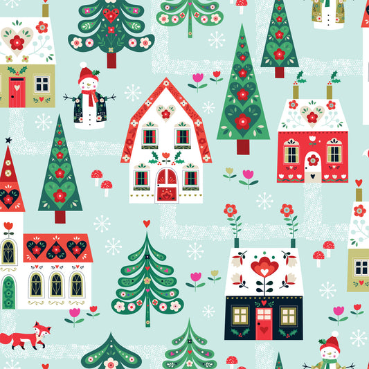 Christmas Stocking with Blank Cross Stitchable Aida Cuff | Quilted and Fully Lined - Nordic Noel Village Aqua
