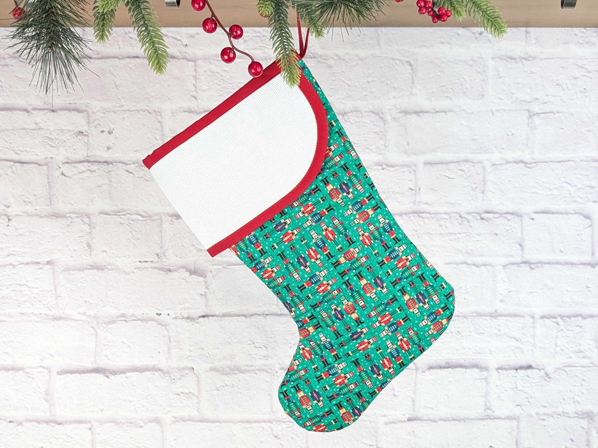 Blank Green Nutcracker Soldiers Christmas Stocking with Cross Stitchable Cuff - Curved Style