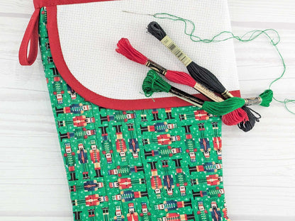 Blank Green Nutcracker Soldiers Christmas Stocking with Cross Stitchable Cuff - Curved Style