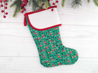Blank Green Nutcracker Soldiers Christmas Stocking with Cross Stitchable Cuff - Curved Style