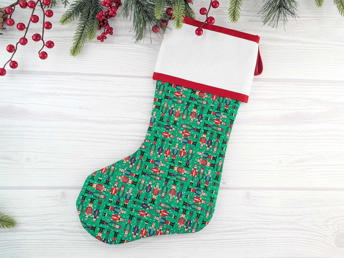 Blank Green Nutcracker Soldiers Christmas Stocking with Cross Stitchable Cuff - Straight Style