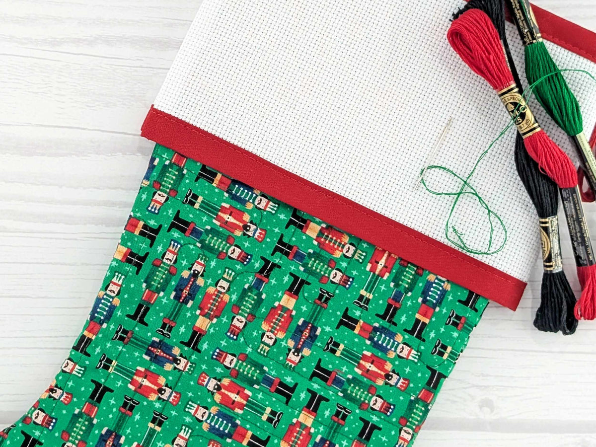 Blank Green Nutcracker Soldiers Christmas Stocking with Cross Stitchable Cuff - Straight Style