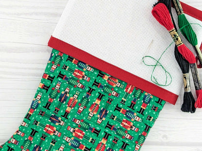 Blank Green Nutcracker Soldiers Christmas Stocking with Cross Stitchable Cuff - Straight Style