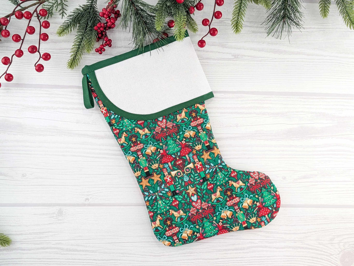 Blank Green Nutcracker Scandi Christmas Stocking with Cross Stitchable Cuff - Curved Style