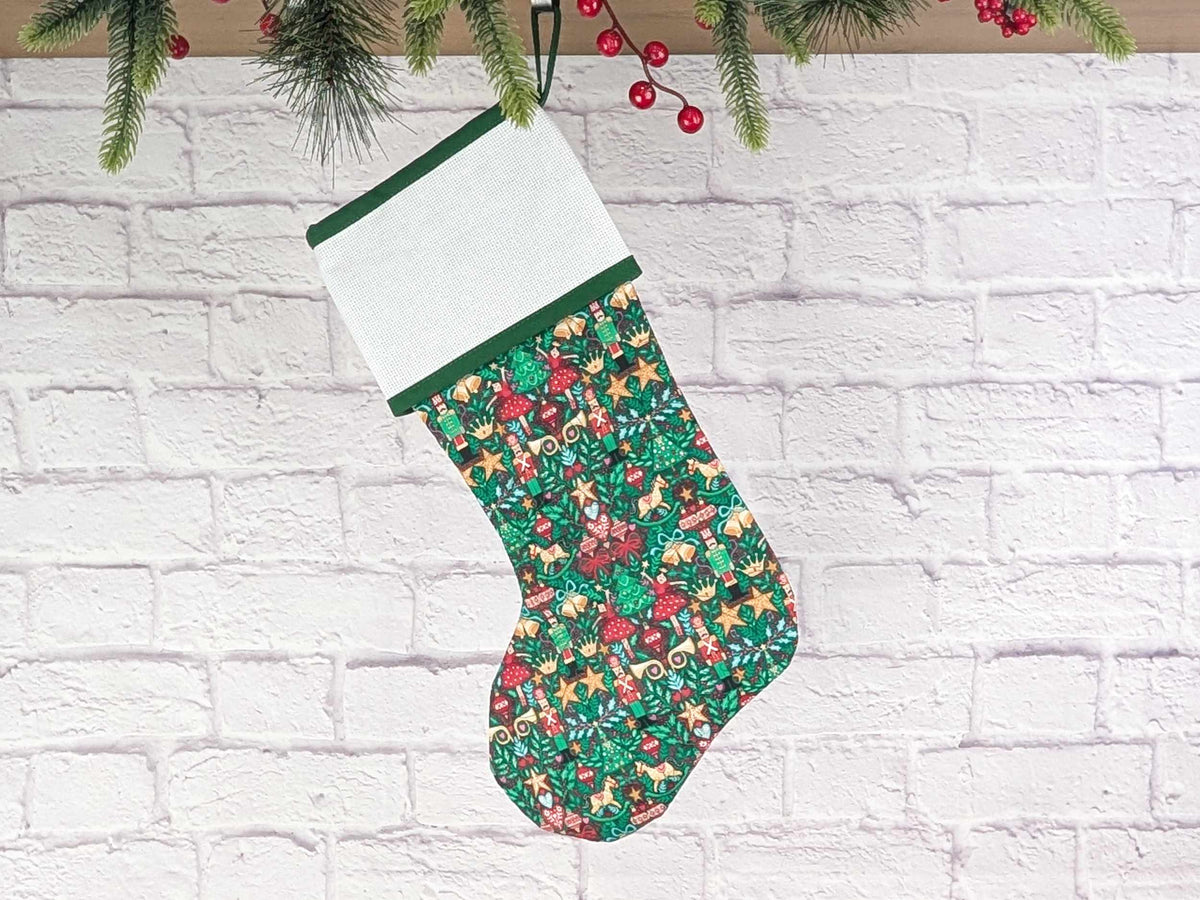 Blank Green Nutcracker Scandinavian Christmas Stocking with Cross Stitchable Cuff - Straight Style