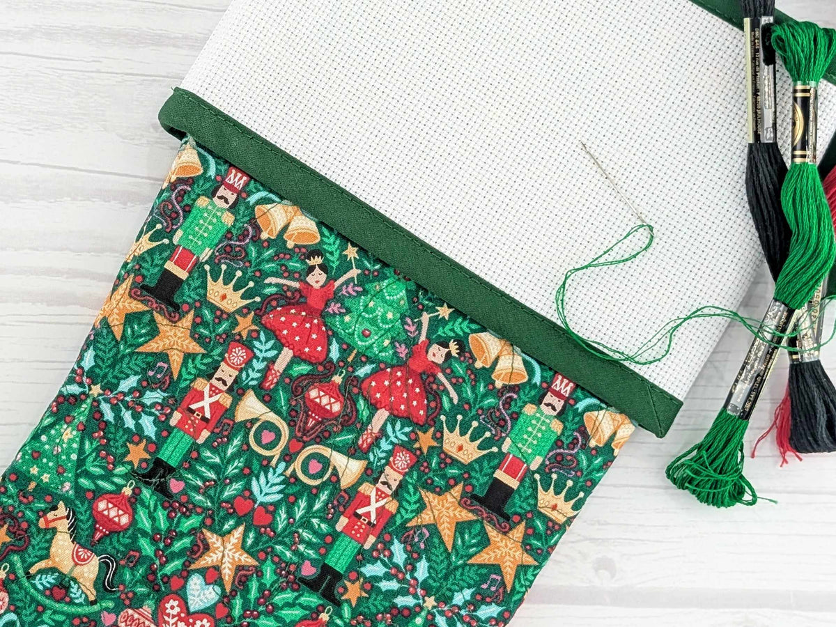 Blank Green Nutcracker Scandinavian Christmas Stocking with Cross Stitchable Cuff - Straight Style