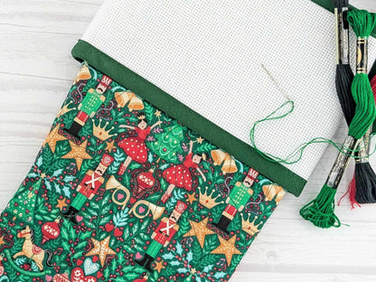 Blank Green Nutcracker Scandinavian Christmas Stocking with Cross Stitchable Cuff - Straight Style