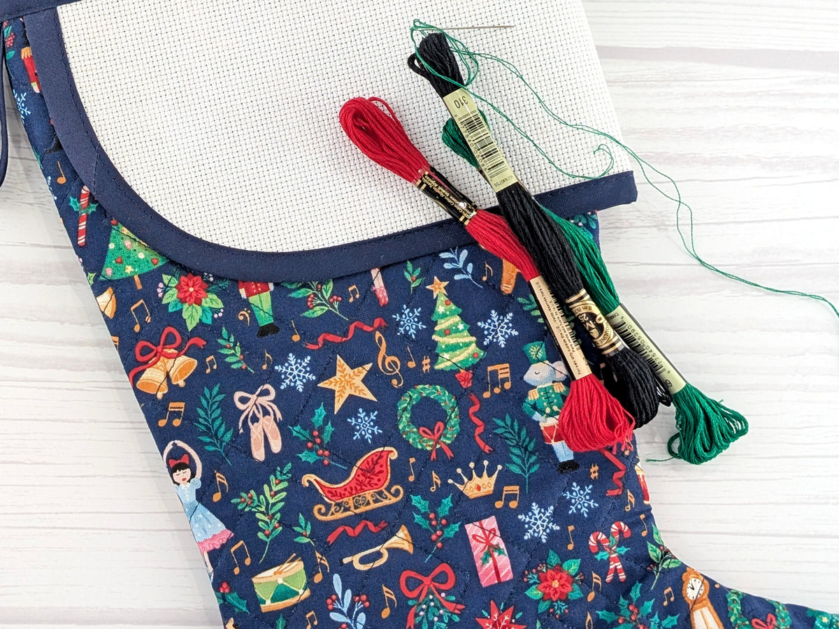 Blank Navy Nutcracker Christmas Stocking with Cross Stitchable Cuff - Curved Style