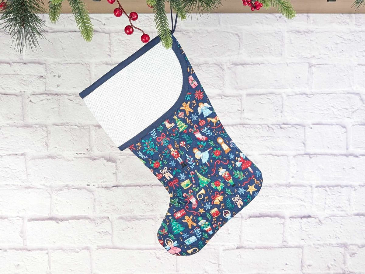 Blank Navy Nutcracker Christmas Stocking with Cross Stitchable Cuff - Curved Style