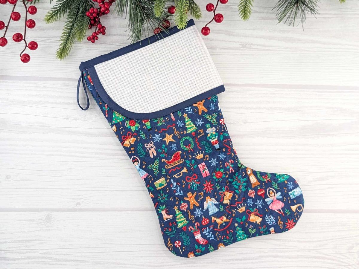 Blank Navy Nutcracker Christmas Stocking with Cross Stitchable Cuff - Curved Style