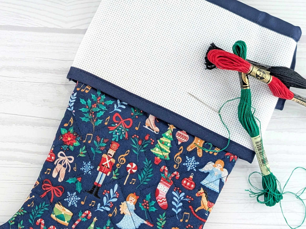 Blank Navy Nutcracker Christmas Stocking with Cross Stitchable Cuff - Straight Style
