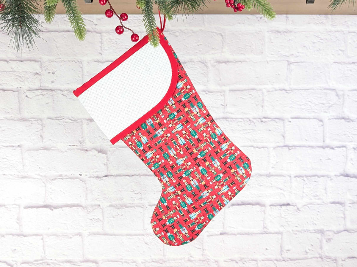 Blank Red Nutcracker Soldiers Christmas Stocking with Cross Stitchable Cuff - Curved Style