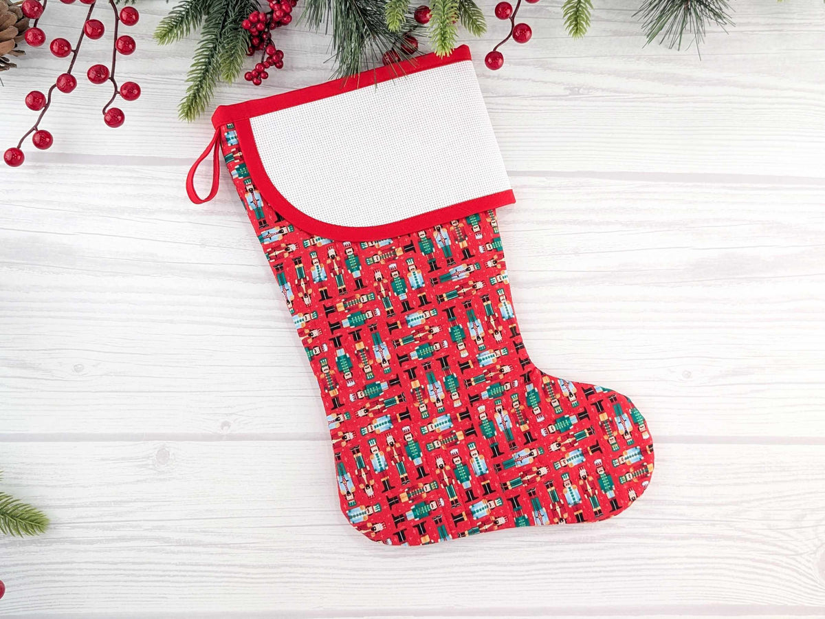 Blank Red Nutcracker Soldiers Christmas Stocking with Cross Stitchable Cuff - Curved Style