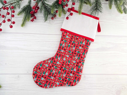 Blank Red Nutcracker Soldiers Christmas Stocking with Cross Stitchable Cuff - Straight Style
