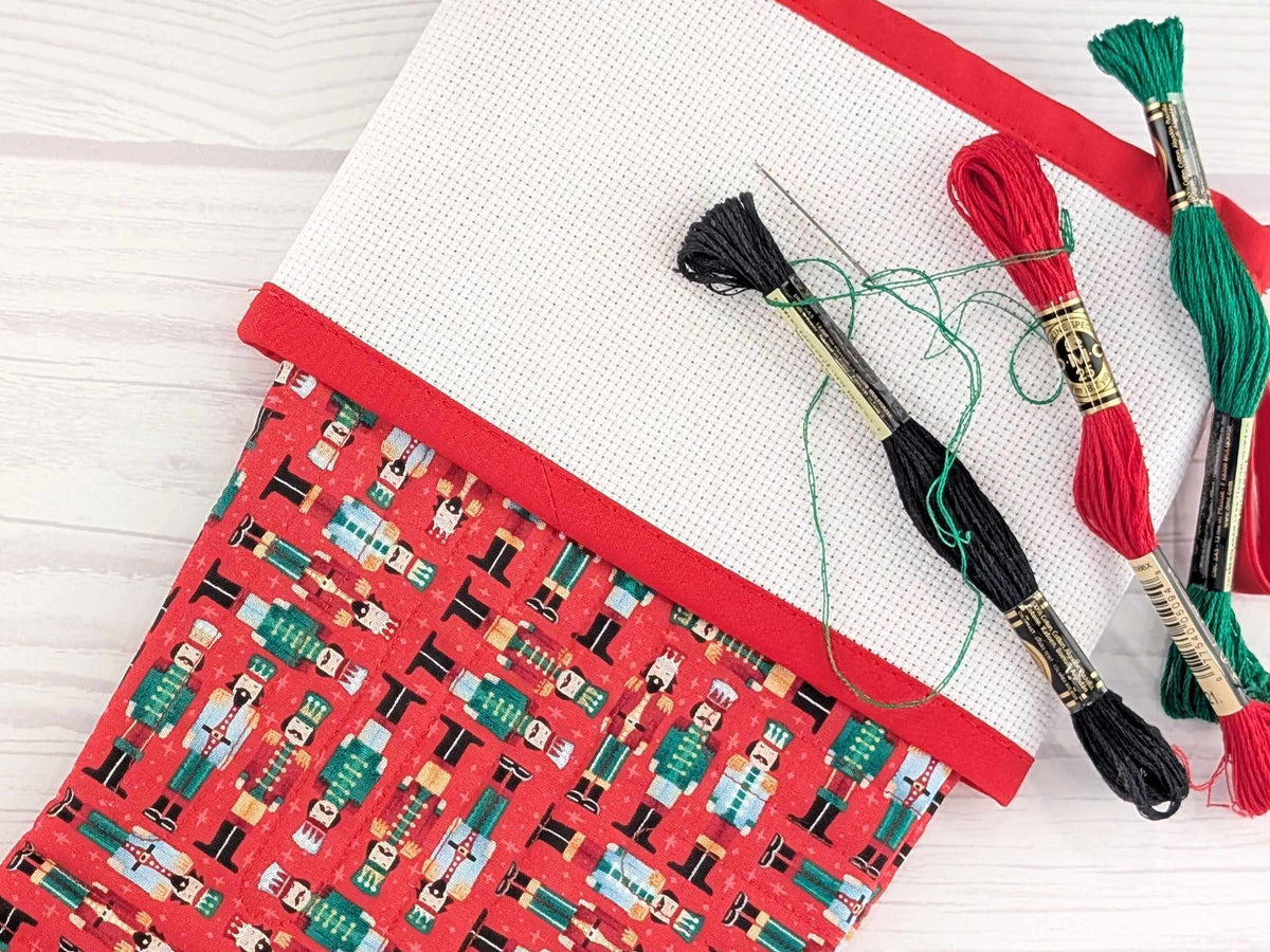 Blank Red Nutcracker Soldiers Christmas Stocking with Cross Stitchable Cuff - Straight Style