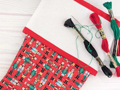Blank Red Nutcracker Soldiers Christmas Stocking with Cross Stitchable Cuff - Straight Style