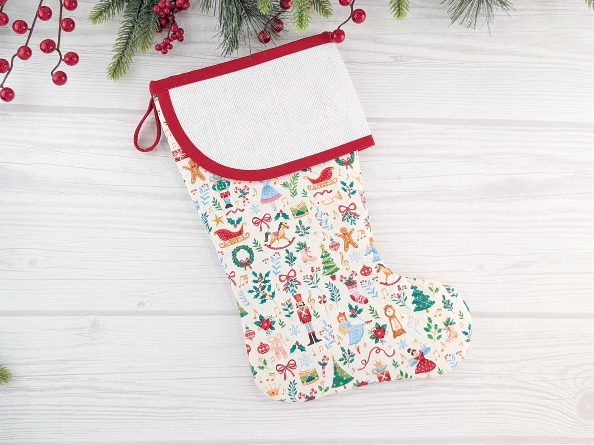 Blank White Nutcracker Christmas Stocking with Cross Stitchable Cuff - Curved Style