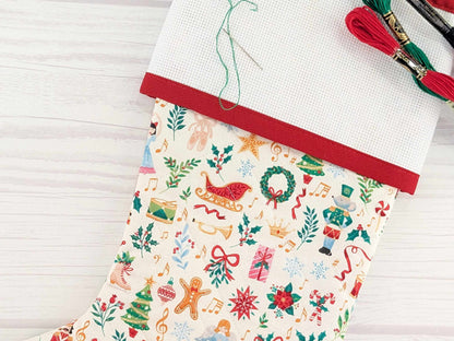 Blank White Nutcracker Christmas Stocking with Cross Stitchable Cuff - Straight Style