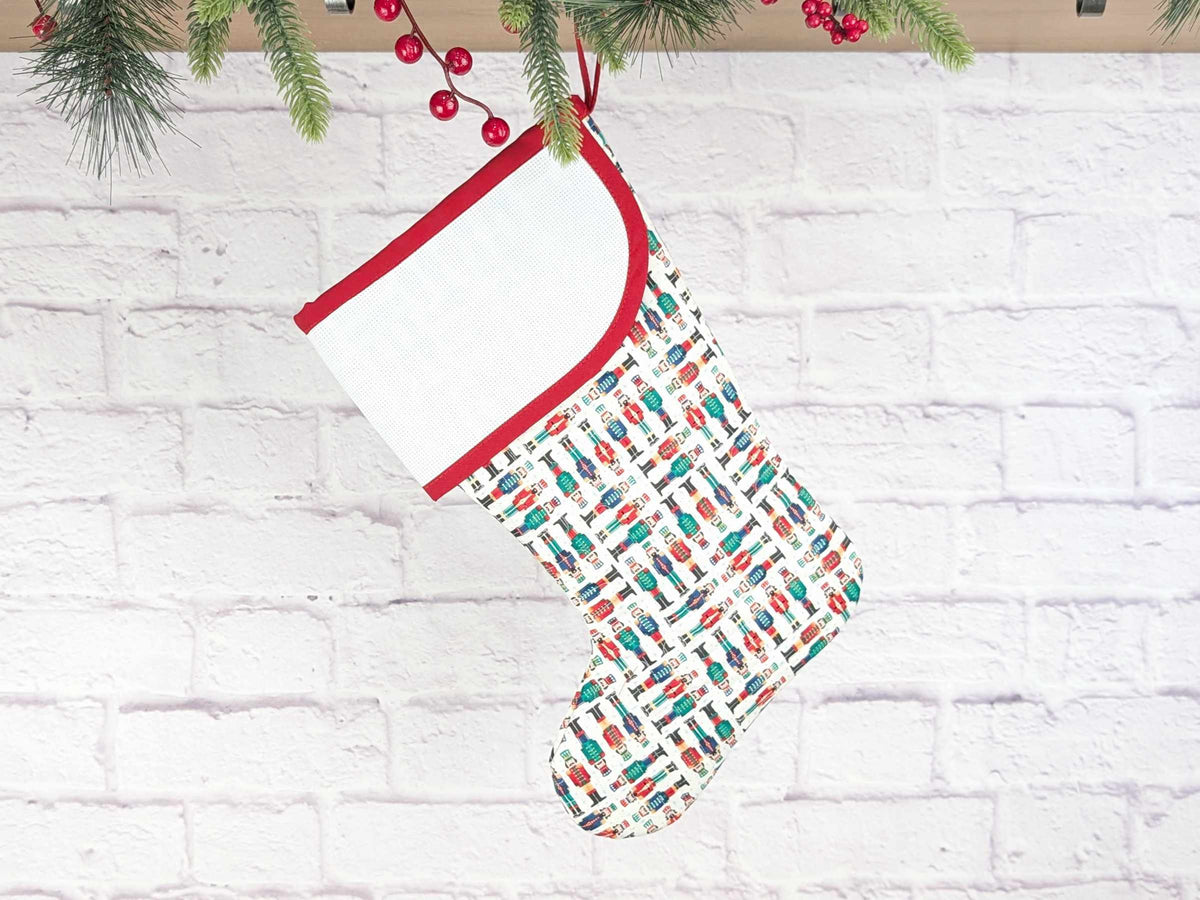 Blank White Nutcracker Soldiers Christmas Stocking with Cross Stitchable Cuff - Curved Style