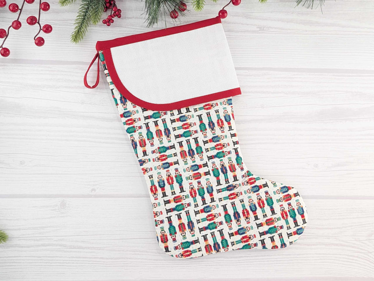 Blank White Nutcracker Soldiers Christmas Stocking with Cross Stitchable Cuff - Curved Style