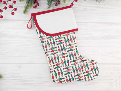 Blank White Nutcracker Soldiers Christmas Stocking with Cross Stitchable Cuff - Curved Style