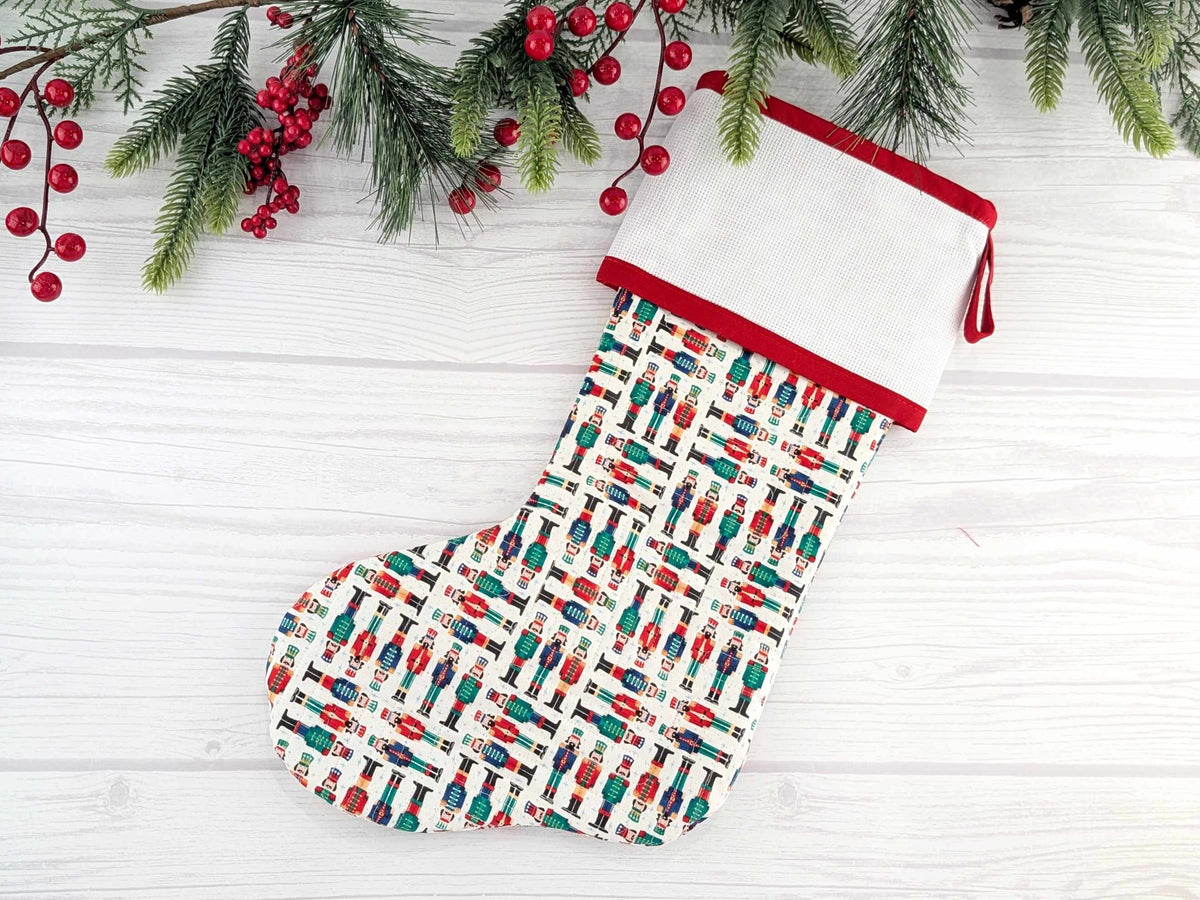 Blank White Nutcracker Soldiers Christmas Stocking with Cross Stitchable Cuff - Straight Style