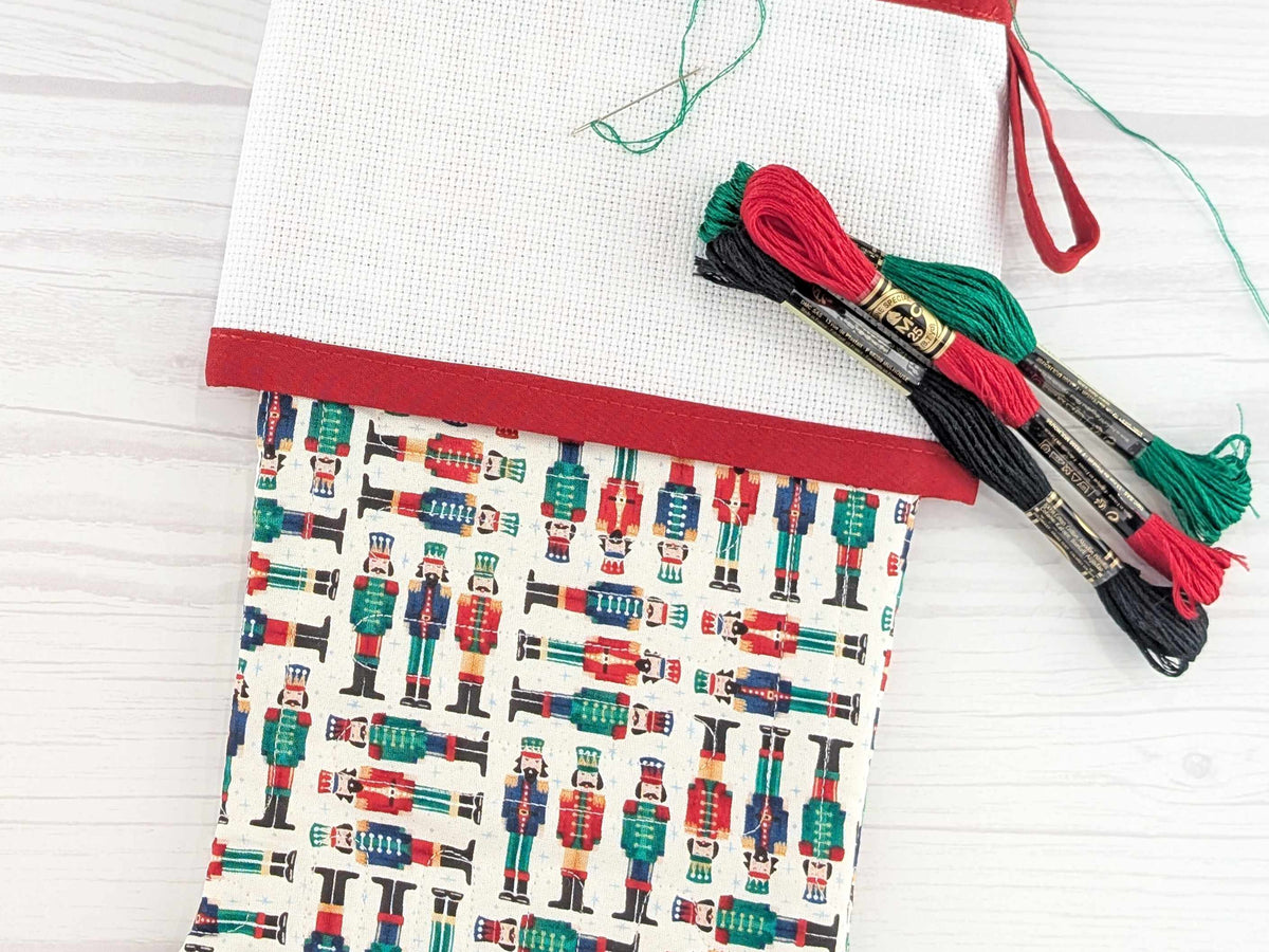 Blank White Nutcracker Soldiers Christmas Stocking with Cross Stitchable Cuff - Straight Style