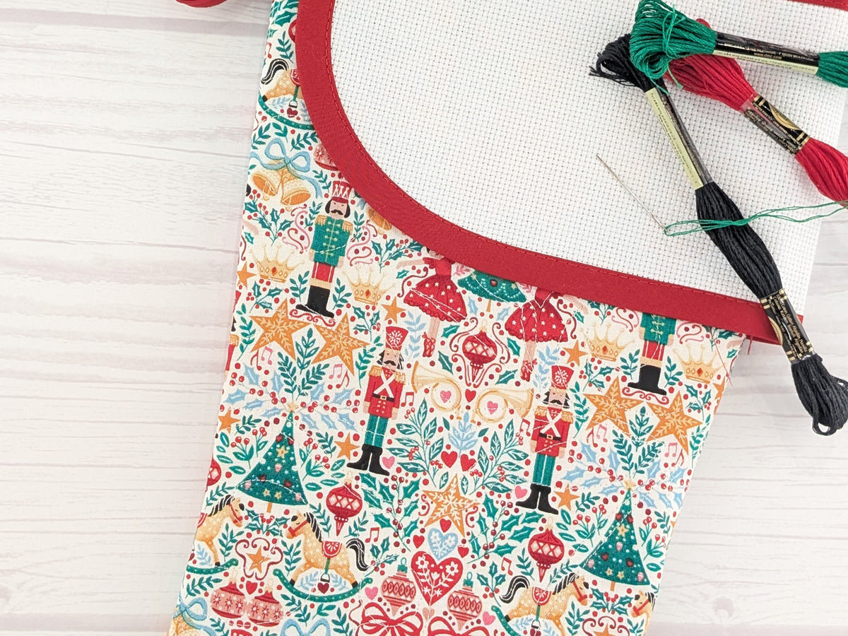 Blank White Nutcracker Scandi Christmas Stocking with Cross Stitchable Cuff - Curved Style
