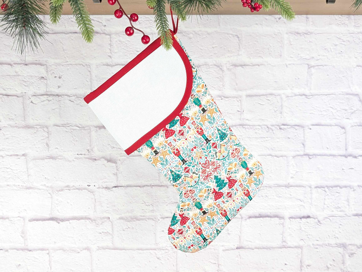 Blank White Nutcracker Scandi Christmas Stocking with Cross Stitchable Cuff - Curved Style