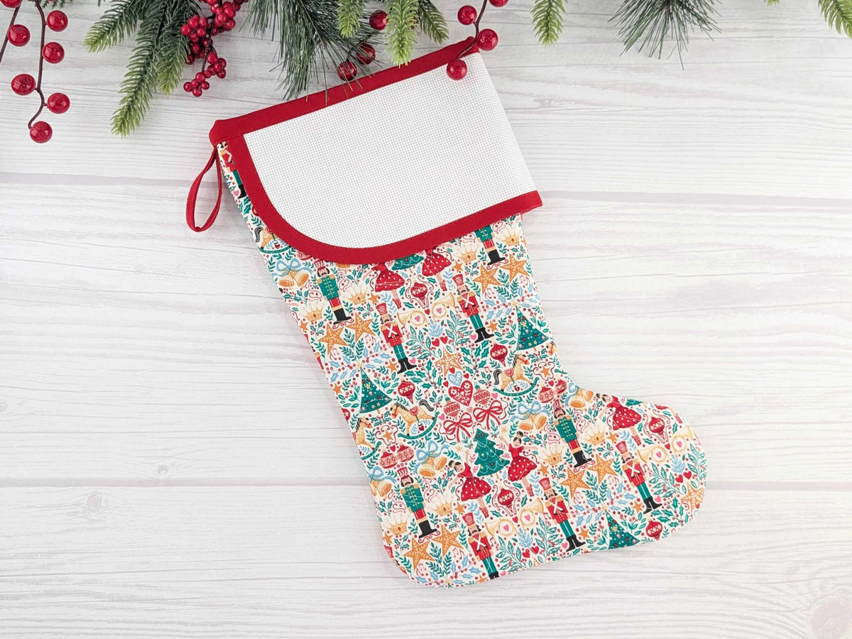 Blank White Nutcracker Scandi Christmas Stocking with Cross Stitchable Cuff - Curved Style