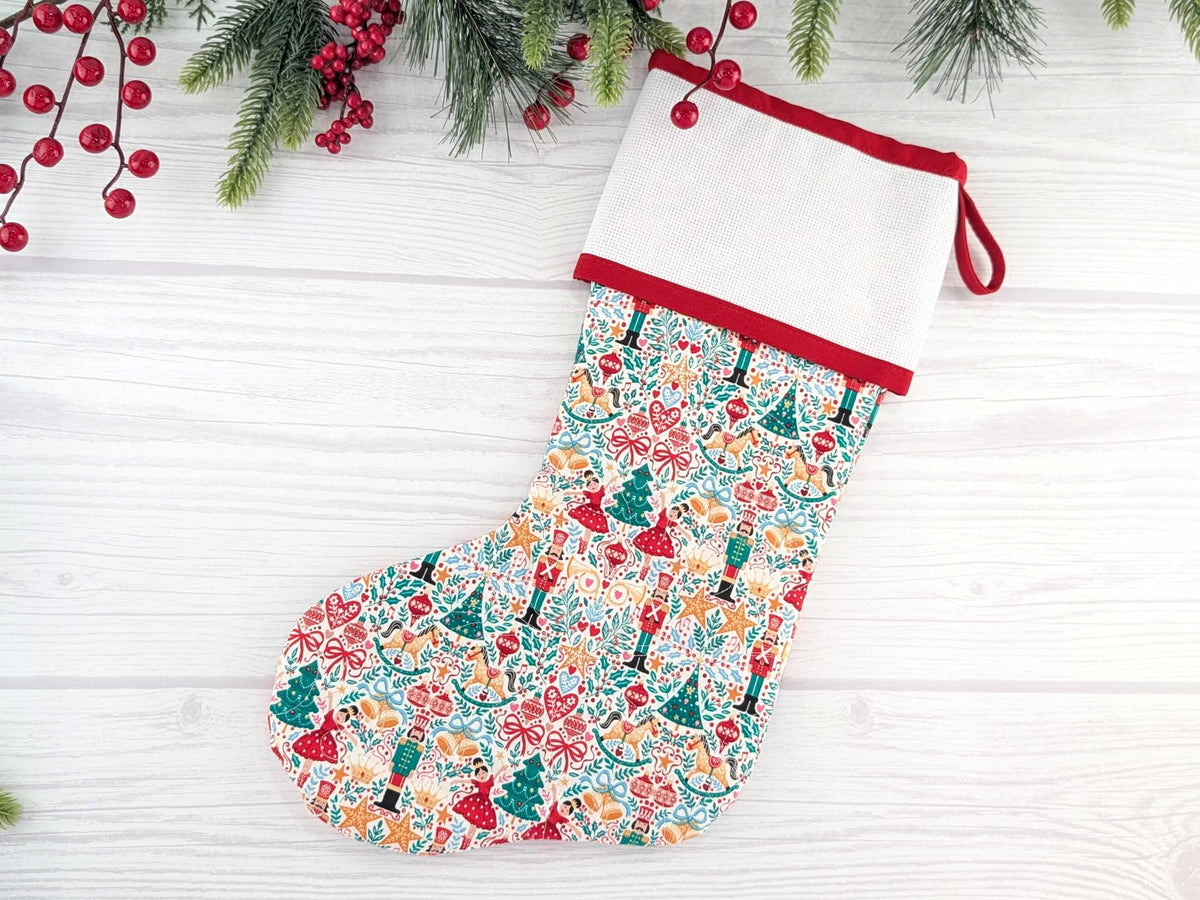 Blank White Nutcracker Scandinavian Christmas Stocking with Cross Stitchable Cuff - Straight Style