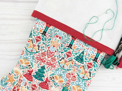 Blank White Nutcracker Scandinavian Christmas Stocking with Cross Stitchable Cuff - Straight Style