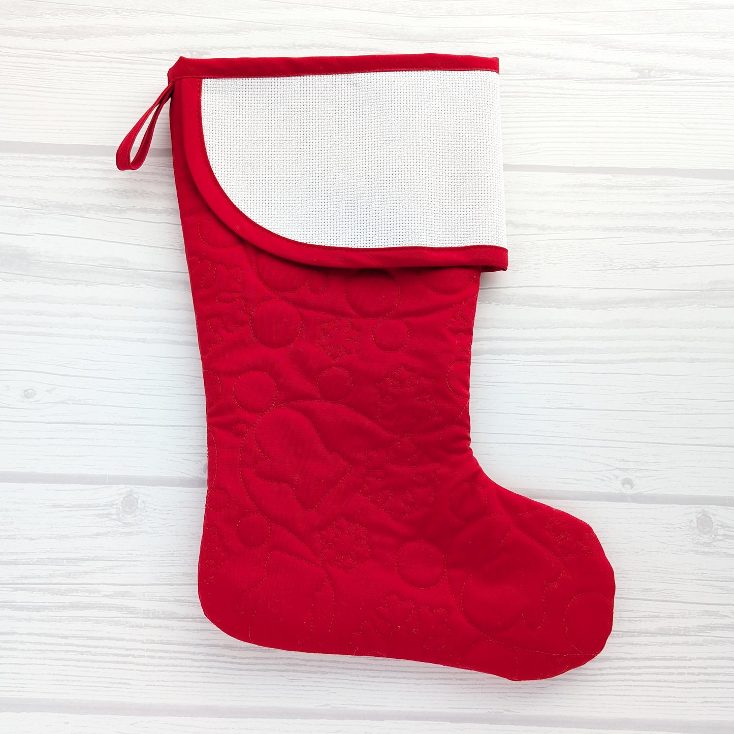 Quilted Christmas Stocking with Cross-Stitch-able Aida Cuff | LIMITED EDITION - CHARLES Style | Red or White | Quilted and Fully Lined