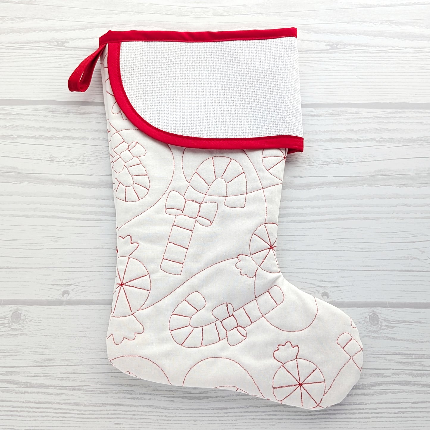 Quilted Christmas Stocking with Cross-Stitch-able Aida Cuff | LIMITED EDITION - CHARLES Style | Red or White | Quilted and Fully Lined