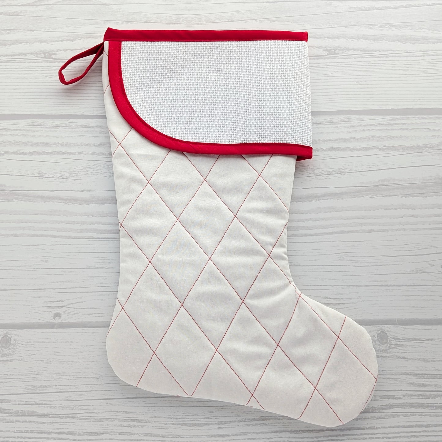 Quilted Christmas Stocking with Cross-Stitch-able Aida Cuff | LIMITED EDITION - CHARLES Style | Red or White | Quilted and Fully Lined