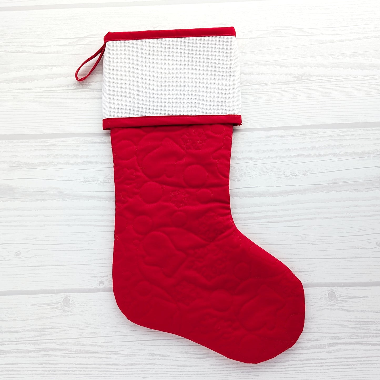 Quilted Christmas Stocking with Cross-Stitch-able Aida Cuff | LIMITED EDITION - ORIGINAL Style | Red or White | Quilted and Fully Lined