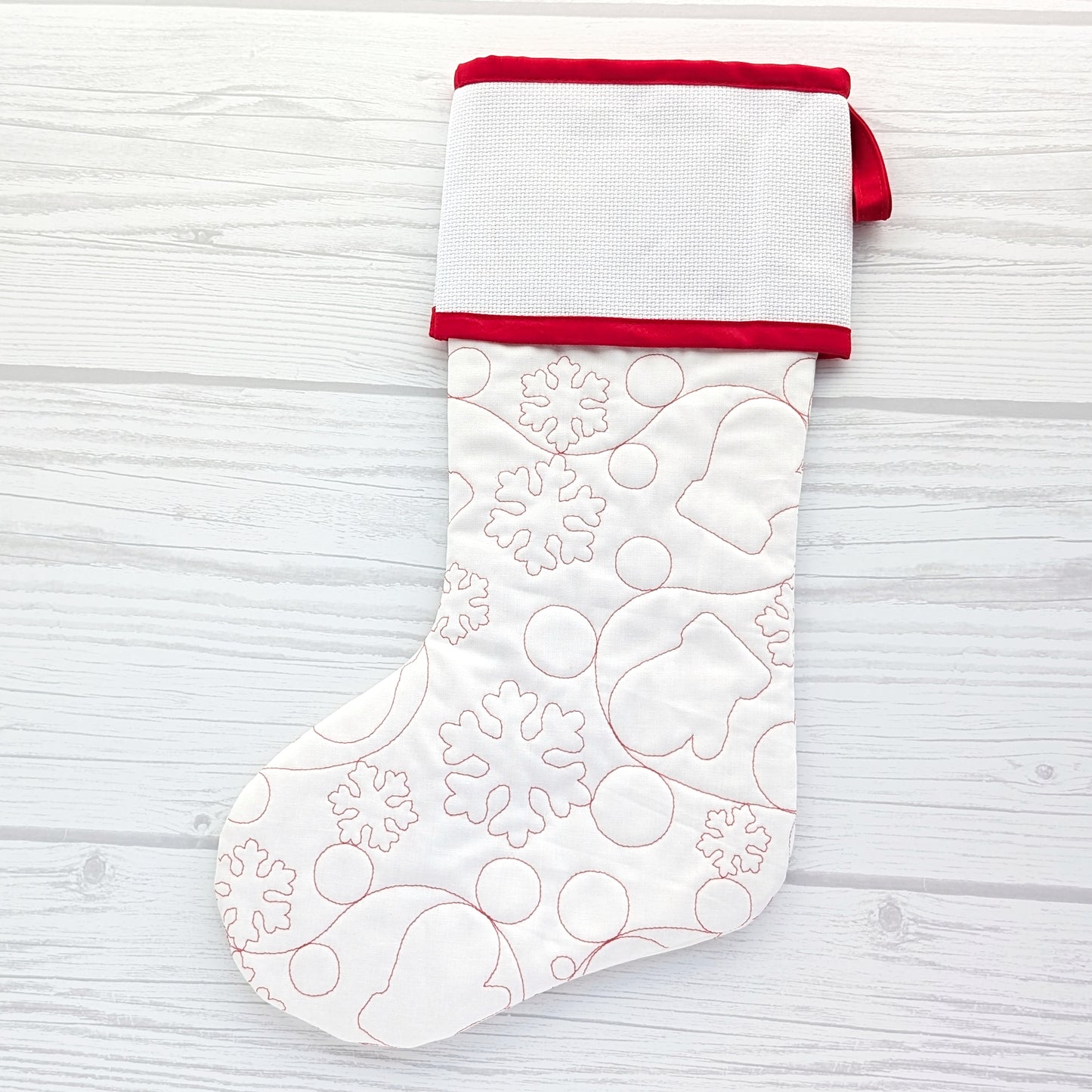 Quilted Christmas Stocking with Cross-Stitch-able Aida Cuff | LIMITED EDITION - ORIGINAL Style | Red or White | Quilted and Fully Lined