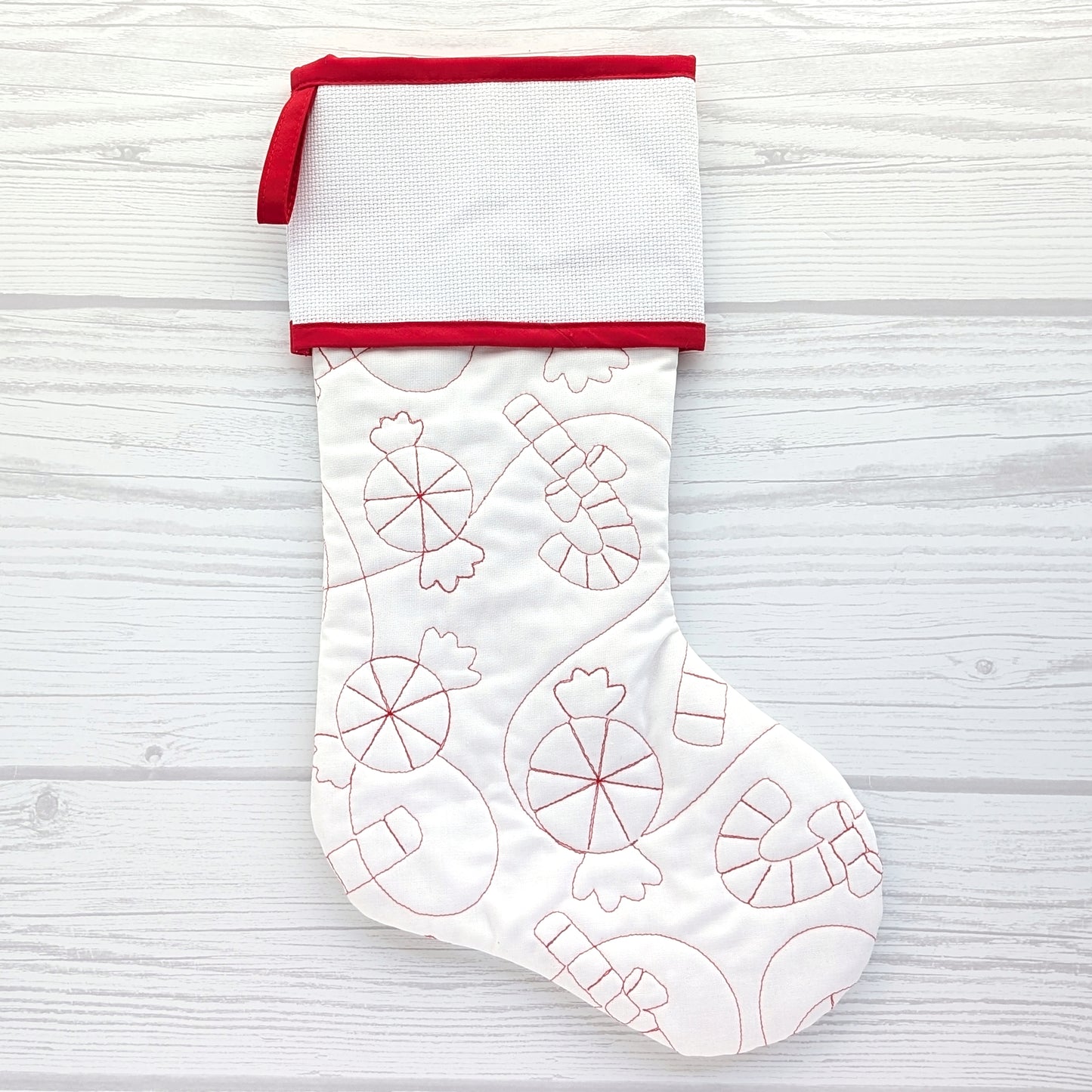 Quilted Christmas Stocking with Cross-Stitch-able Aida Cuff | LIMITED EDITION - ORIGINAL Style | Red or White | Quilted and Fully Lined